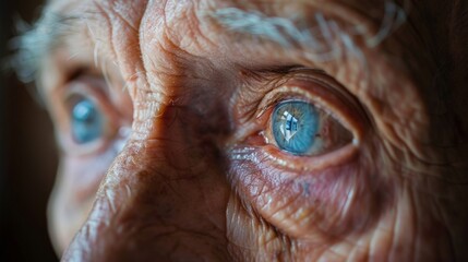 Obraz premium A close-up of an elderly man's eyes, with the reflection in his pupils showing a fragmented and incomplete picture, hinting at the distorted reality faced by those with dementia.