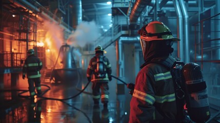 Firefighters train in a controlled industrial environment, preparing for emergency responses
