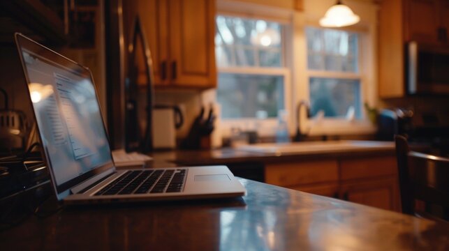 A blurred out kitchen counter serves as the backdrop to a laptop and todo list highlighting the work from home lifestyle. .