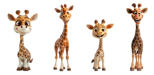 Set of 3D cute happy cartoon giraffe, isolated on white background, png