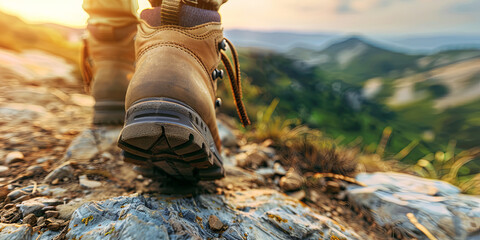 close up of the soles and laces on hiking boots worn in the style of an outdoor enthusiast, with their feet standing atop rugged terrain in nature, generative AI