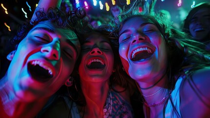 Obraz premium A close-up of joyful faces illuminated by strobe lights, their expressions a blend of exhilaration and abandon, embodying the spirit of a dance party.