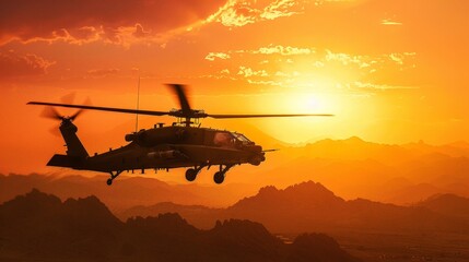 A commanding view of an Apache helicopter hovering over a rugged terrain, its silhouette sharply outlined against the fiery hues of the sunset, weapons bristling and ready for deployment.