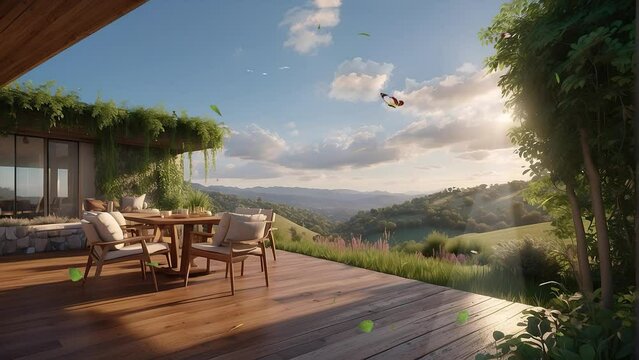 Immerse yourself in the captivating scenery of a hillside escape where traditional craftsmanship meets modern innovation at a wooden resort in this mesmerizing 4K loop.