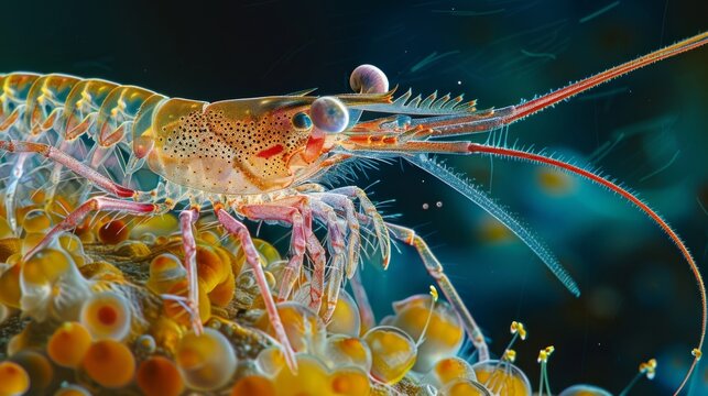 A microscopic view of a giant shrimp with its long antennae and sharp pincers dwarfing the surrounding microorganisms that it feeds