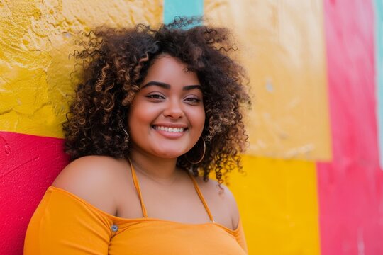 Smiling plus size woman against a colorful wall