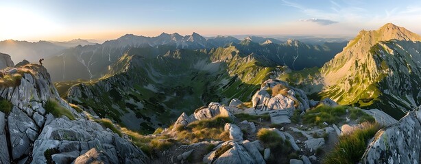 A panoramic view of the valley, with rocks and mountains in motion, overlooking a valley at sunrise. The scene is bathed in soft light