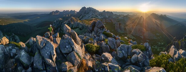 A panoramic view of the valley, with rocks and mountains in motion, overlooking a valley at sunrise. The scene is bathed in soft light - Powered by Adobe