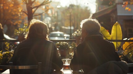 A man and a woman deep in conversation backs turned towards the camera as they soak in the warm afternoon sun and sip on . . - obrazy, fototapety, plakaty