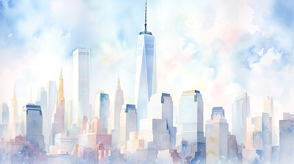 淡い色彩の高層ビルが建ち並ぶ都市の水彩イラスト風景

