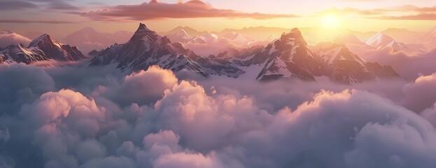 A breathtaking view of the snowcapped mountains, bathed in golden sunlight as they rise above fluffy white clouds - obrazy, fototapety, plakaty