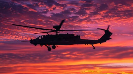 Fototapeta premium A dynamic angle capturing the Apache ascending into a sky painted with streaks of orange and purple, its formidable presence a stark contrast to the peaceful close of the day.