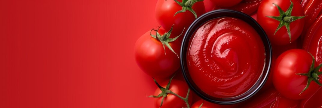 fresh tomatoes and tomato ketchup sauce on a red background