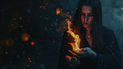 A mystical woman with intense expression holds flames in her palm, surrounded by dark hues and glowing embers, depicting a scene of magic and control over the elements