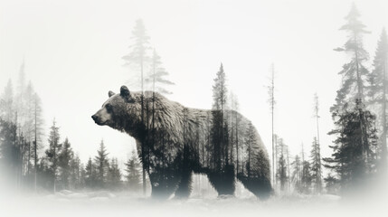 Double Exposure, white background, side view of a Bear in front of a forest ~ Created using Generative AI - obrazy, fototapety, plakaty
