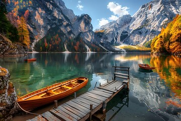 A wooden dock juts into the crystalclear waters of braies lake in Italy, surrounded by towering mountains and reflecting colorful autumn foliage - obrazy, fototapety, plakaty