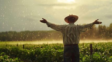 A farmer in the fields, welcoming the rain with open arms, the downpour vital to the crops, highlighting the symbiotic relationship between weather and agriculture.