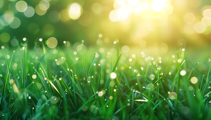Beautiful green grass background with dew drops, in a closeup. A beautiful natural scene of spring or summer.