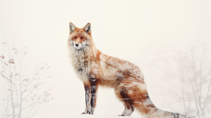 Double Exposure, white background, side view of a Red Fox in front of a forest ~ Created using Generative AI