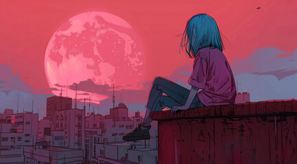 City, landscape and anime with girl for wallpaper, child and relax in Japan painting for graphic night sky. Art, illustration and kid on roof top, buildings and thinking on lunar eclipse with moon - obrazy, fototapety, plakaty