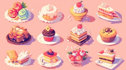 Delicious cakes and cupcakes in a pixelated form