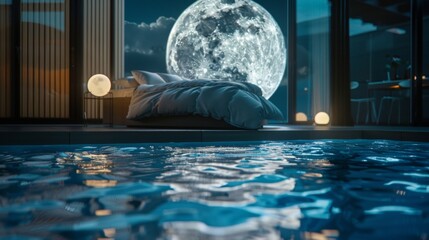 Watch the moons reflection dance on the surface of the water as you settle into your luxurious underwater bed. 2d flat cartoon. - obrazy, fototapety, plakaty