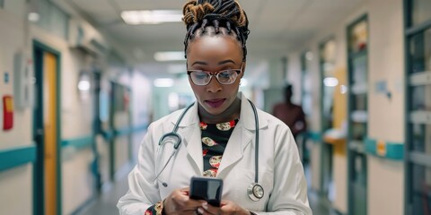 award winning photograph of a woman doctor looking at a mobile phone in a hospital hall,  - obrazy, fototapety, plakaty