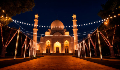 A white mosque lit up by string lights, with two pointed minarets and a dome.  - Powered by Adobe
