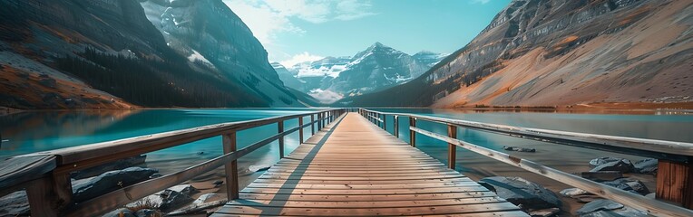  A wooden bridge leads to the mountains, lake and forest in front of it.