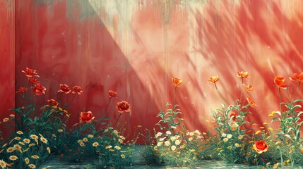 a painting of a red wall with flowers growing out of it and a shadow of a building behind it - obrazy, fototapety, plakaty