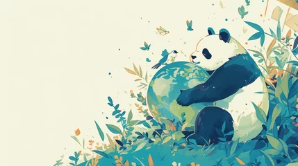 Raamstickers A hand drawn panda lovingly embraces the earth on a crisp white backdrop set against a solitary scene © AkuAku