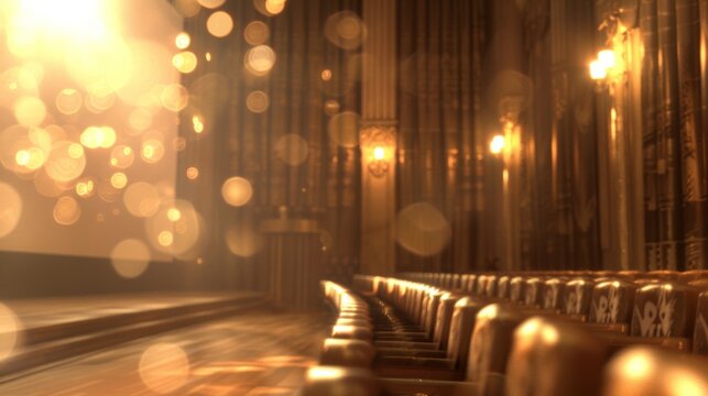 The hazy glow of the defocused background adds a touch of oldworld elegance to the classic dri theater reminiscent of a bygone era of silver screen glamour. .