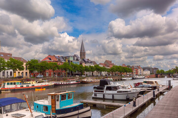 Picturesque embankment of the river Leie in Ghent town, Belgium