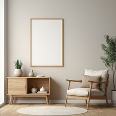 Fototapeta premium Mockup poster frame in minimalist modern interior background, 3d render. Frame poster mockup in Boho style interior 3d rendering,