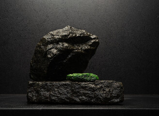 green chrome diopside stone and black granite stones on a dark background for the podium, product...