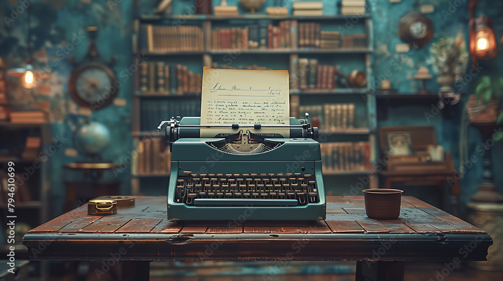 Poster a desk with a typewriter and a cup of coffee on it in front of a bookcase with books