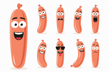 Cute and Funny Cartoon Sausage Characters in Different Poses and Emotions. Flat Cartoon Sausage Character Set. Vector Illustration
