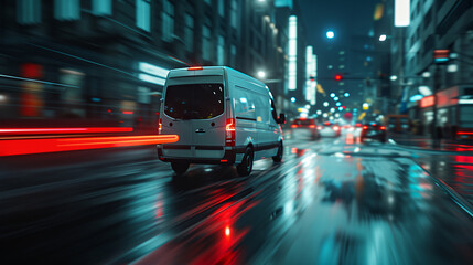 a van driving down a city street at night time - obrazy, fototapety, plakaty