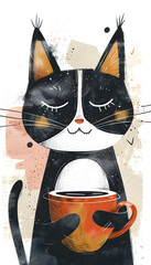 Felidae cat with whiskers holding a cup of coffee, painted in black and white