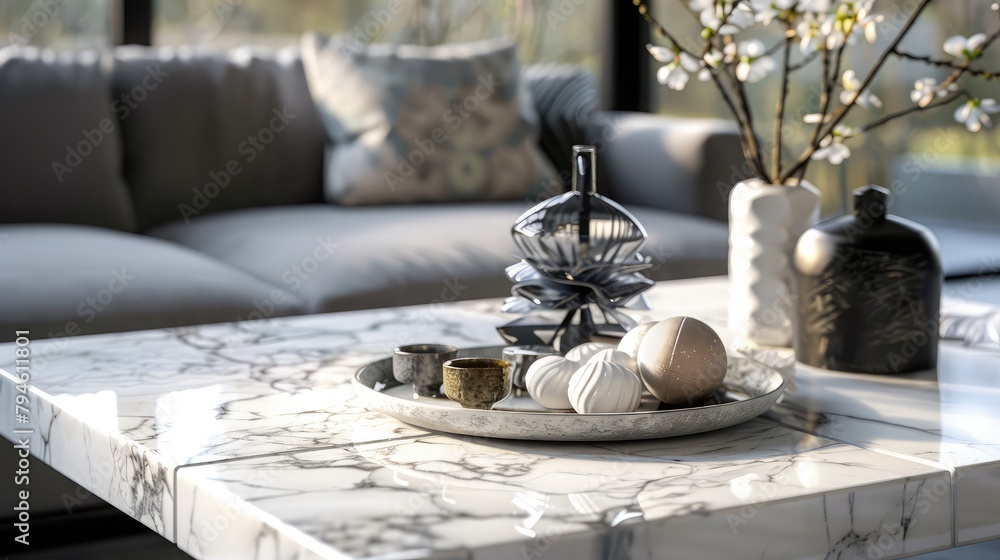 Poster marble tabletop featuring intricate rectangular patterns, creating a chic and timeless centerpiece f
