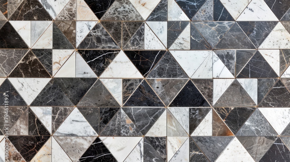 Poster mosaic tile arrangement with triangular marble pieces, creating a dynamic and eye-catching pattern f