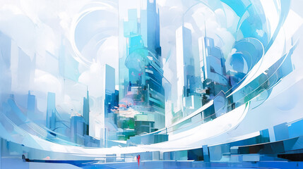 独創的なデザインの未来都市の水彩イラスト風景