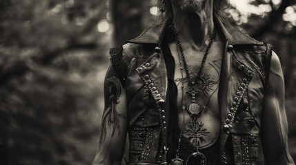 Fototapeta na wymiar A lone wanderer adorned in a rugged leather vest adorned with symbols of the occult. Their lace shirt is unbuttoned at the collar highlighting a small pendant necklace .