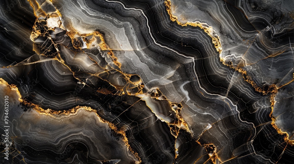 Poster slab of black onyx with elegant natural patterns, illuminated to highlight its unique veining and gl