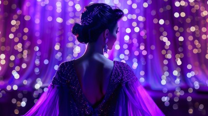 A lone figure stands in front of a striking display of jewelencrusted accessories dressed in a rich violet gown. hair glimmers . .