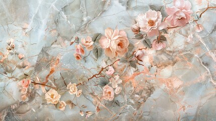 A slab of pastel-toned marble adorned with intricate flower motifs, adding a touch of elegance and sophistication to interior design.