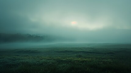 A moody, atmospheric landscape with rolling fog and muted colors, creating a sense of mystery and...
