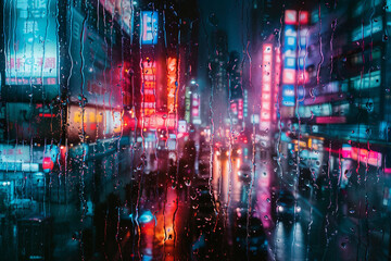Neon cityscape seen through a rain-splattered window at night.