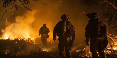 Fototapeta premium A night operation where the flames provide the only light, casting an eerie glow on the team as they maneuver through the darkness, a testament to the round-the-clock nature of their commitment.