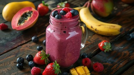 Blended fruit smoothie served in a mason jar, surrounded by vibrant fruits, enticingly positioned on a rustic tabletop. - obrazy, fototapety, plakaty